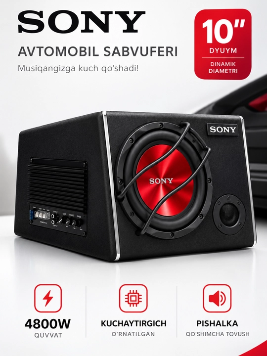 Автомобильный сабвуфер Sony 10 дюймов, 4800 Вт, встроенный усилитель и пищалка - 