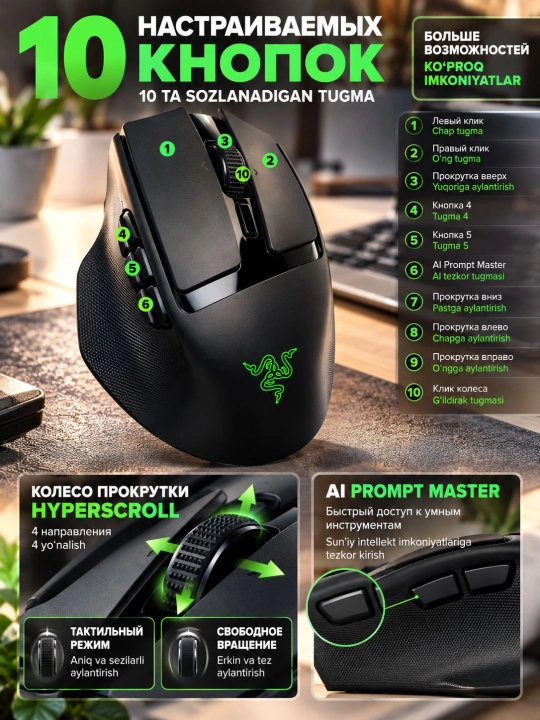 Мышка беспроводная Razer Basilisk Mobile, 18000 DPI, 10 кнопок, 76 г