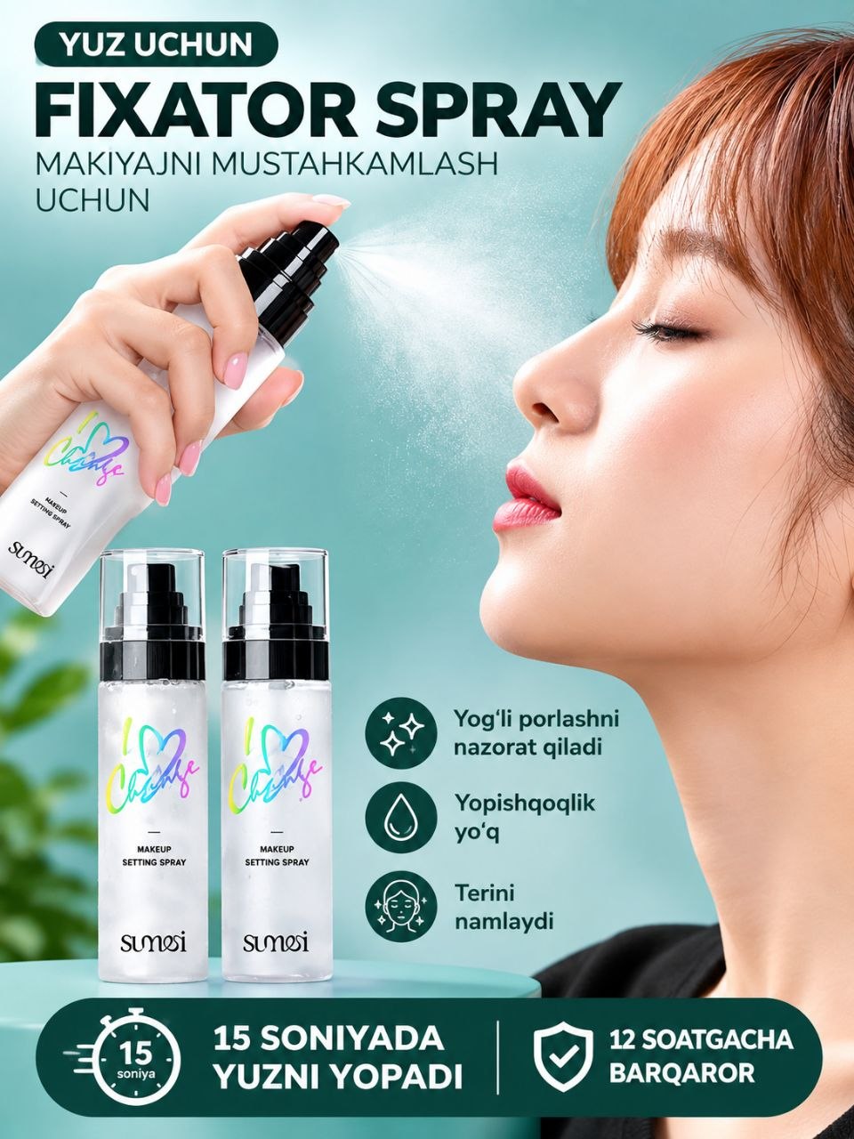 Makiyaj uchun fiksator sprey — makiyajni mustahkamlovchi va tabiiy yaltiratuvchi, 100 ml - 