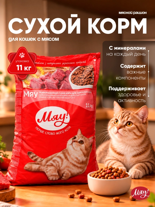 Мяу сухой корм для кошек, с мясом, 11 кг - 