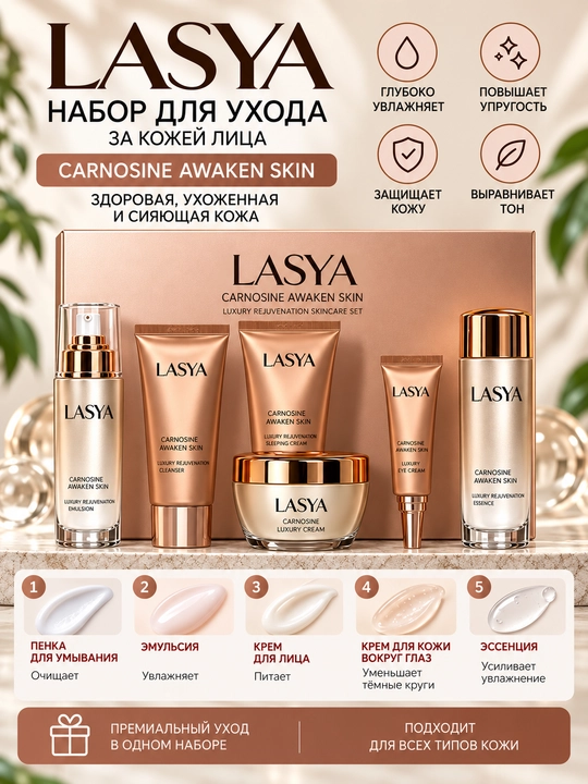 LASYA Carnosine Awaken Skin yuz parvarishi uchun qarishga qarshi kompleks kosmetika to‘plami - 