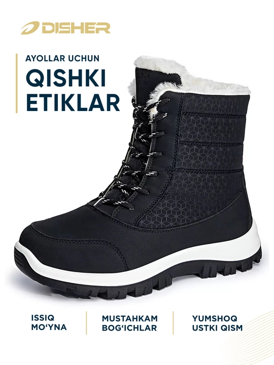 Ayollar dutiklari DISHER Snowmist, issiq, bog‘ichli etiklar, 36–42