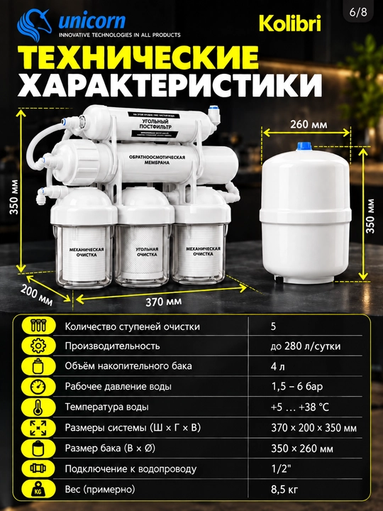 Ichimlik suvi uchun 5 bosqichli teskari osmos tizimi Kolibri FRO5K — Unicorn