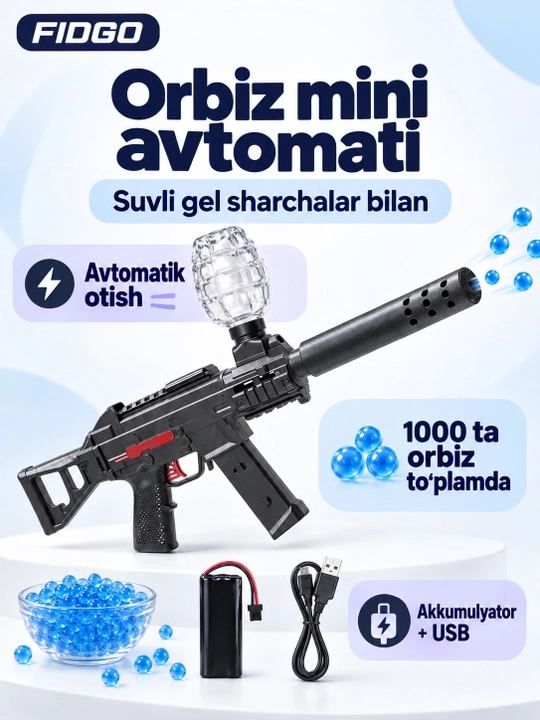 O'yinchoq avtomat AK-47 Orbiz otadigan FIDGO, akkumulyator va himoya ko'zoynagi bilan - 