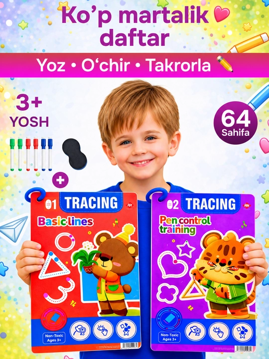 Bolalar uchun ko‘p martali sehrli yozuv daftari, 3+ - yozishni o‘rgatish, husnixat