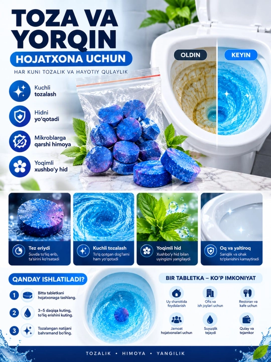 Unitaz uchun avtomatik tozalovchi tabletka, 10 dona, atirgul hidi