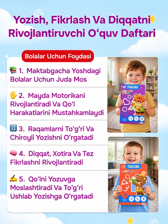Bolalar uchun ko‘p martali sehrli yozuv daftari, 3+ - yozishni o‘rgatish, husnixat