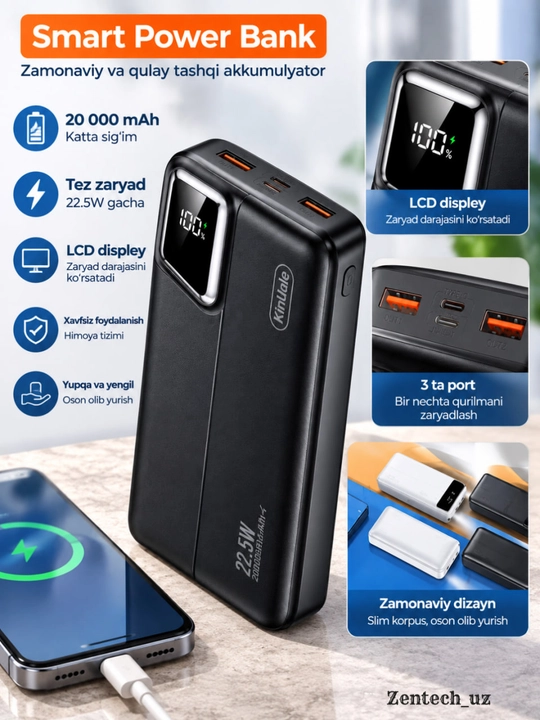 Power Bank 20000 мАч, 22.5 Вт, быстрая зарядка, LCD-дисплей, внешний аккумулятор