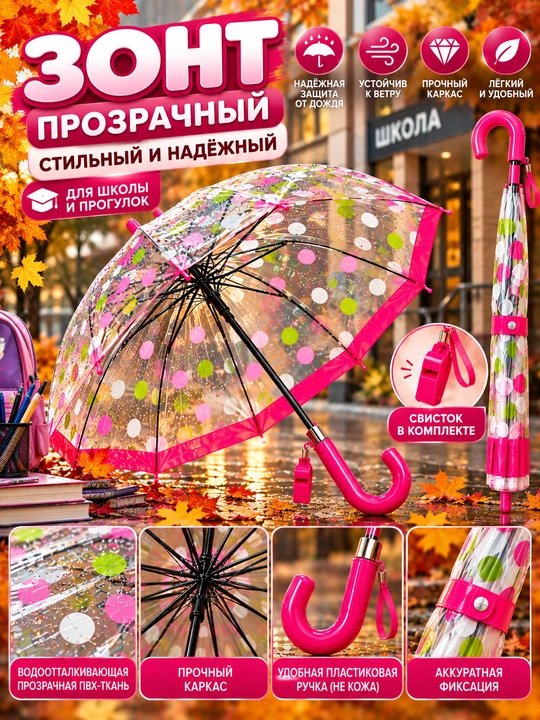 Зонт от дождя, прозрачный зонт-трость для женщин и детей - 