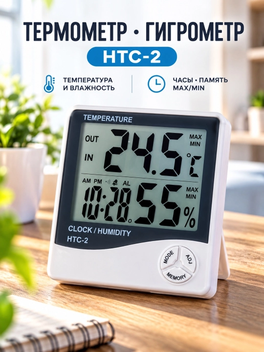 Termometr, gigrometr, termogigrometri HTC-2, Yevro versiyasi, echiladigan tashqi sensorli - 