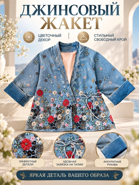 Женская джинсовая куртка, кардиган, костюм, пиджак свободного кроя с цветочным декором