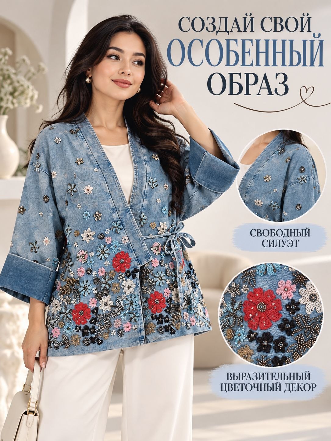 Ayollar jinsi kurtkasi, kardigan, kostyum, gulli bezakli keng bichimli pidjak - 