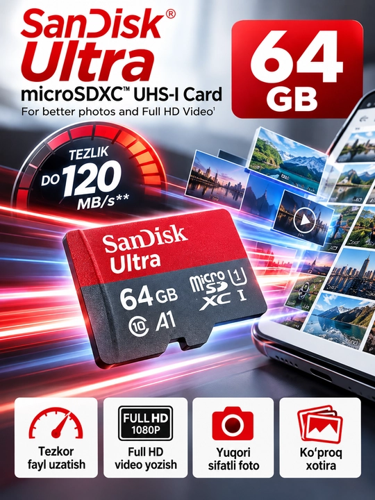 SanDisk Ultra microSDXC 64GB карта памяти, до 120 МБ/с - 