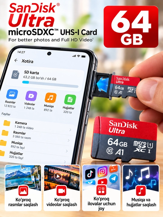 SanDisk Ultra microSDXC 64GB карта памяти, до 120 МБ/с