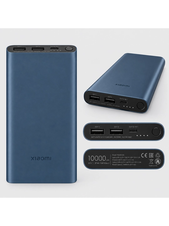 Power Bank 10000 mAh, 22,5W, 2×USB-A, USB-C, ko‘k