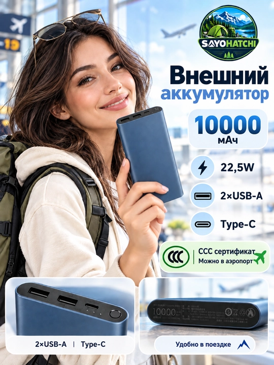 Power Bank 10000 mAh, 22,5W, 2×USB-A, USB-C, ko‘k - 
