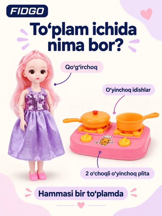FIDGO qo‘g‘irchoq va aksessuarlar to‘plami, rolli o‘yinlar uchun