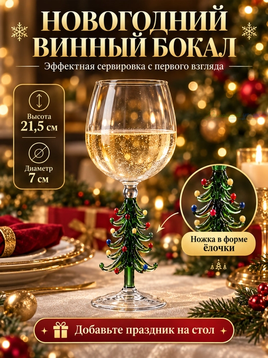 Новогодний винный бокал с ножкой-ёлочкой, 21,5 см, праздничный бокал для вина - 