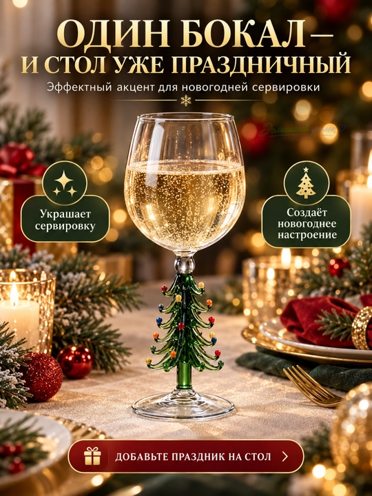 Новогодний винный бокал с ножкой-ёлочкой, 21,5 см, праздничный бокал для вина