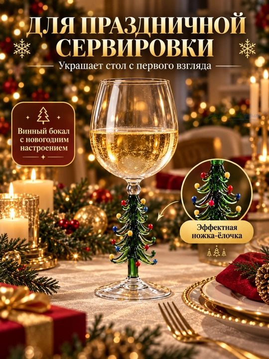 Новогодний винный бокал с ножкой-ёлочкой, 21,5 см, праздничный бокал для вина