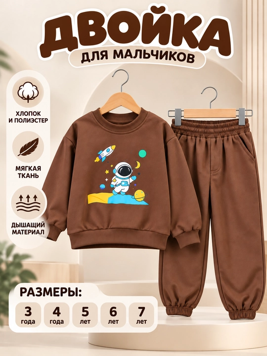 Спортивный костюм для мальчика 3–7 лет, мягкий комплект кофта и штаны - 