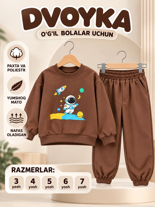O‘g‘il bolalar uchun sport kostyum 3–7 yosh, yumshoq ikki qismli kiyim