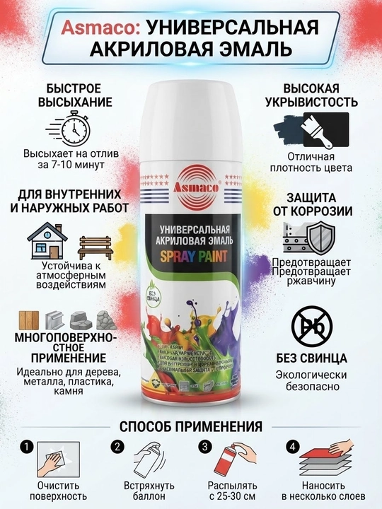 Аэрозольная краска ASMACO (Белая) - 