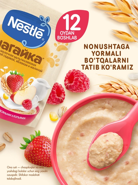 Каша Nestle Шагайка "Мультизлаковая с овсянкой, земляникой, яблоком и малиной" с 12 мес 190г