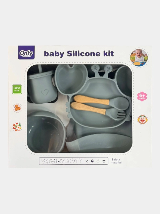 Bolalar uchun silikon idish-tovoq to'plami 6 in 1 Only Baby: likopcha, kosa, stakan - 