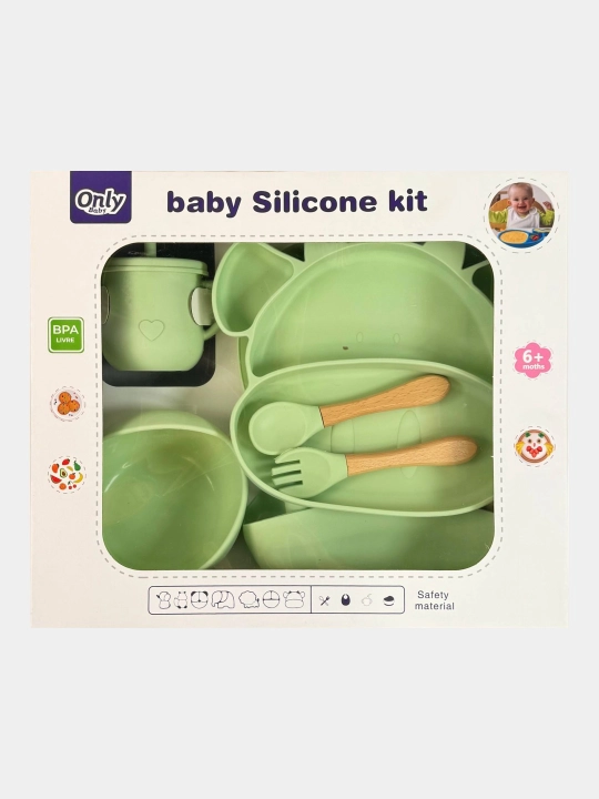 Набор детской силиконовой посуды 6 в 1 Only Baby: тарелка, миска, поильник, ложка