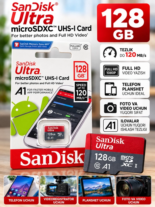 SanDisk Ultra 128GB microSD карта памяти, до 120 МБ/с