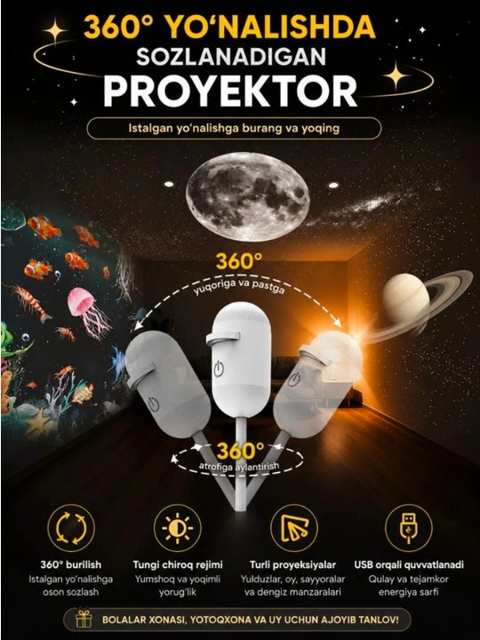 3 tasi 1 da Tungi Chiroq, yulduzli Proyektor va Gallaktika xonagizda