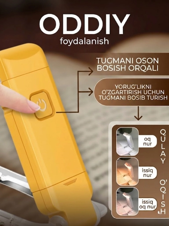 Kitob o'qish chiroqi, simsiz chiroq - USB qayta zaryadlanuvchi