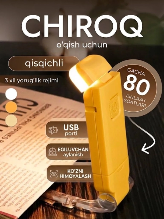 Kitob o'qish chiroqi, simsiz chiroq - USB qayta zaryadlanuvchi