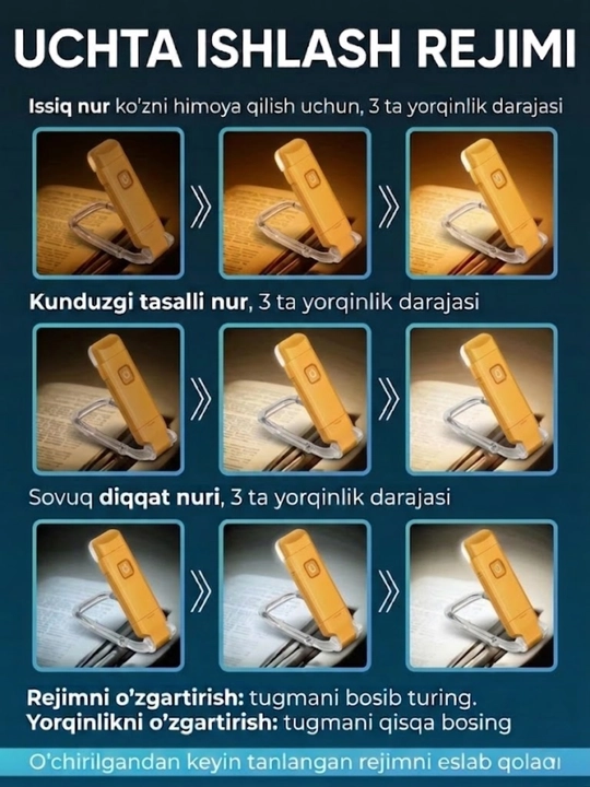 Kitob o'qish chiroqi, simsiz chiroq - USB qayta zaryadlanuvchi