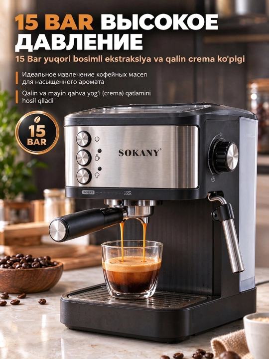 SOKANY SK-04029 kofe mashinasi, 15 bar, 850Vt, 1.8L, espresso, uy va ofis kapuchinator bilan