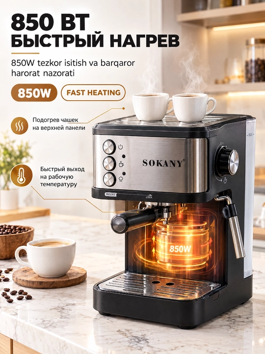 SOKANY SK-04029 kofe mashinasi, 15 bar, 850Vt, 1.8L, espresso, uy va ofis kapuchinator bilan