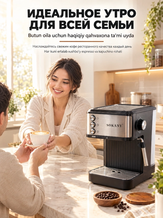 SOKANY SK-04029 kofe mashinasi, 15 bar, 850Vt, 1.8L, espresso, uy va ofis kapuchinator bilan