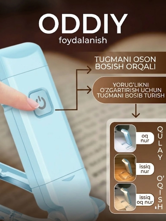 Kitob o'qish chiroqi, simsiz chiroq - USB qayta zaryadlanuvchi