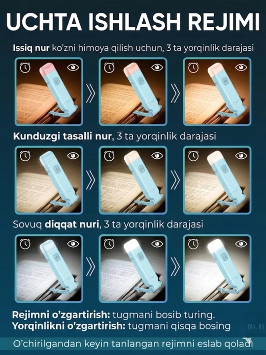 Kitob o'qish chiroqi, simsiz chiroq - USB qayta zaryadlanuvchi