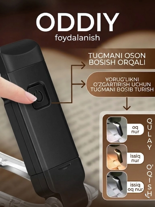 Kitob o'qish chiroqi, simsiz chiroq - USB qayta zaryadlanuvchi