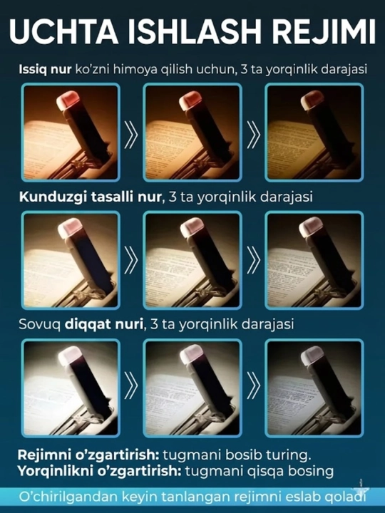 Kitob o'qish chiroqi, simsiz chiroq - USB qayta zaryadlanuvchi