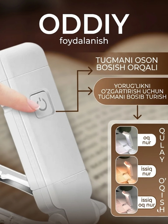 Kitob o'qish chiroqi, simsiz chiroq - USB qayta zaryadlanuvchi