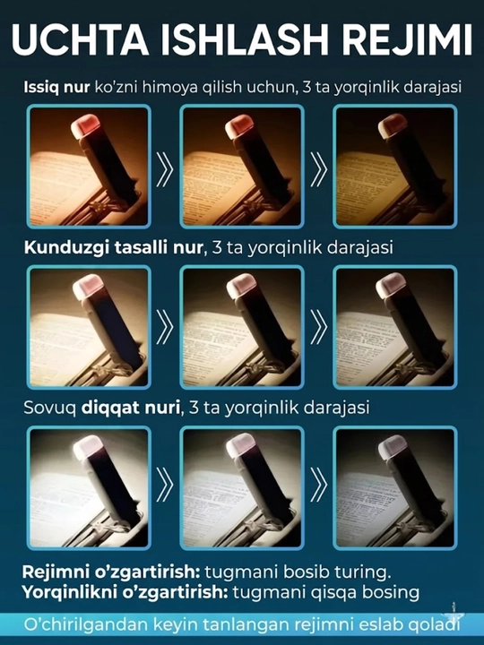 Kitob o'qish chiroqi, simsiz chiroq - USB qayta zaryadlanuvchi