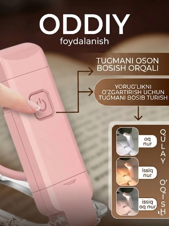 Kitob o'qish chiroqi, simsiz chiroq - USB qayta zaryadlanuvchi