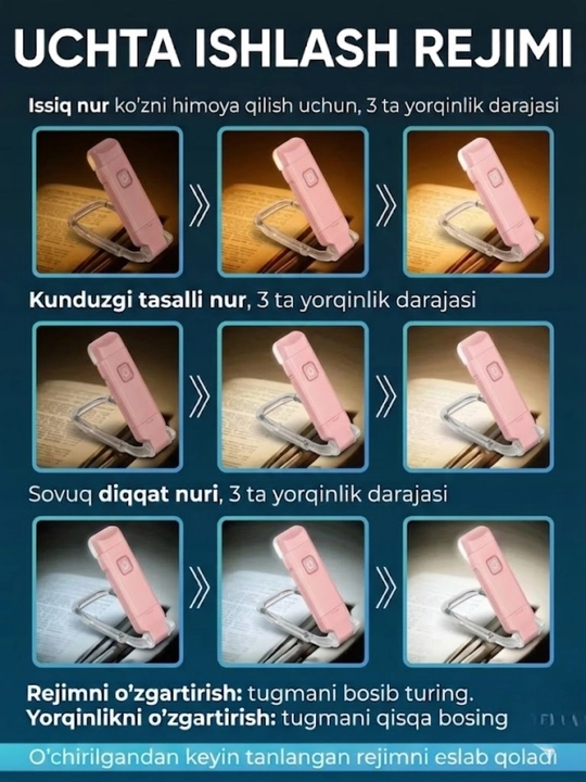 Kitob o'qish chiroqi, simsiz chiroq - USB qayta zaryadlanuvchi