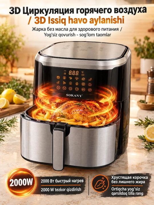 SOKANY SK-10037 aerofritür, 8,8 l, 2000 Vt, sensorli displey, avtomatik dasturlar