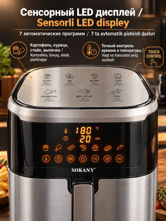 SOKANY SK-10037 aerofritür, 8,8 l, 2000 Vt, sensorli displey, avtomatik dasturlar