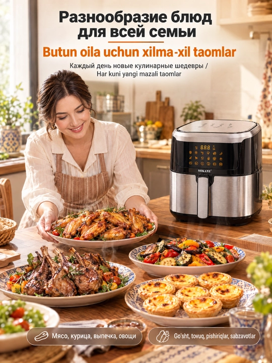 SOKANY SK-10037 aerofritür, 8,8 l, 2000 Vt, sensorli displey, avtomatik dasturlar