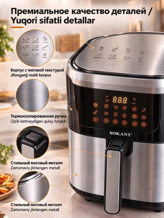 SOKANY SK-10037 aerofritür, 8,8 l, 2000 Vt, sensorli displey, avtomatik dasturlar